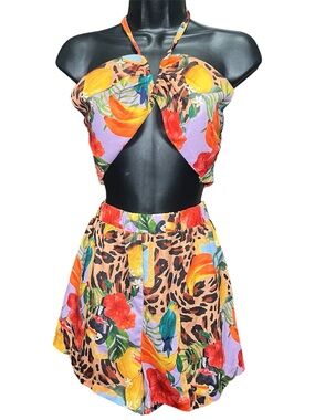 SHEIN Tropical Multi-Color Floral Leopard Print Halter Crop Top & Shorts Set